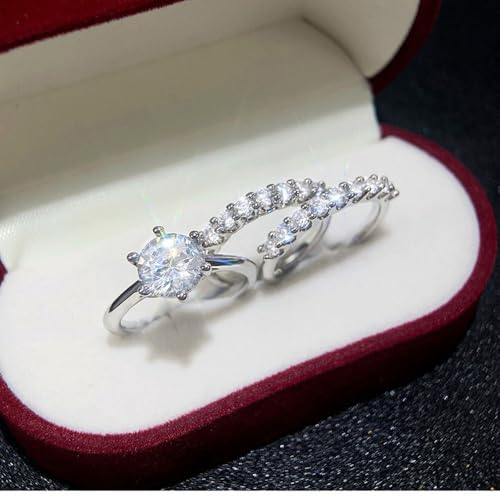 3Pcs White Gold Plated White Cubic Zirconia Engagement Rings Wedding Bridal Band Promise Rings Evening Parties Anniversary Valentine's Day Gifts Eternity Bands for Women4