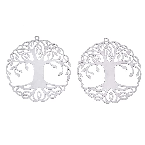 Boutigem 100 colgantes de filigrana de acero inoxidable hueco redondo árbol de la vida encanto grabado adorno de metal Cover