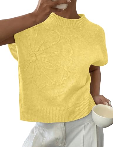 Image of 2026 Womens Floral Sweater Vest Cute Cap Sleeve Tops 3D Flower Decor Knit Tank Top Loose Spring Fall Summer Clothes