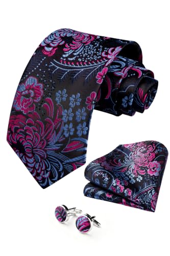 Image of HISDERN Ties for Men Paisley Tie and Pocket Square Cufflinks Set Formal Classic Floral Necktie Handkerchief Wedding Party