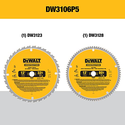 DEWALT 12-Inch Miter Saw Blade, Crosscutting, Tungsten Carbide, 80-Tooth and 32-Tooth, 2-Pack (DW3128P5, DW3123), yellow