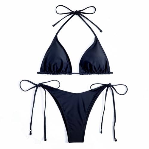 Teogneot Traje de Baño de Dos Piezas Mujer Acolchada Clásico Ajustable Halter Triángulo Bikini Top Bikini Tanga Brasileño,Negro,M