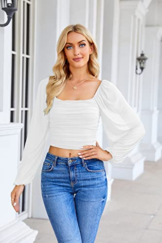 Wenrine Womens Mesh Long Sleeve Crop Tops Night Going Out Square Neck Off The Shoulder Ruched Shirt Blouses Dressy Casual3