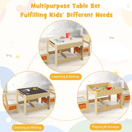 Image of GLACER Kids Table and Chairs, 3 in 1 Wooden Activity Table with Storage, Reversible Tabletop, Chalkboard for Crafts, Drawing, Reading, Toddler Table and Chair Set for Playroom, Easy to Clean(Natural)