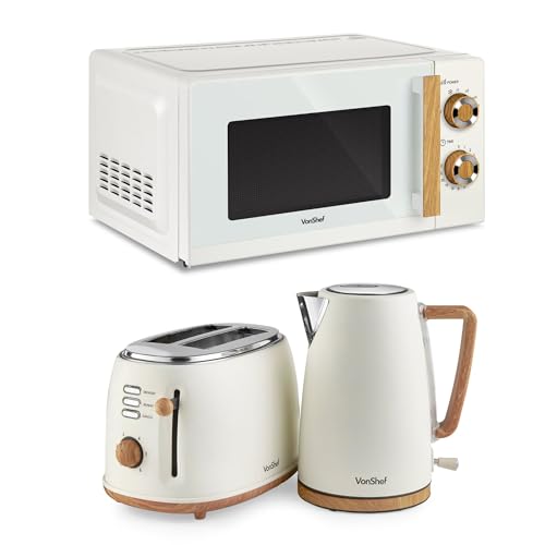 VonShef Microwave Kettle Toaster Set Scandi Kitchen Set 1.7L Nordic Rapid Boil Kettle Wide Slot Toaster 2 Slice with 6 Browning Controls and 20L Microwave with 6 Power Levels Fika Range Cream