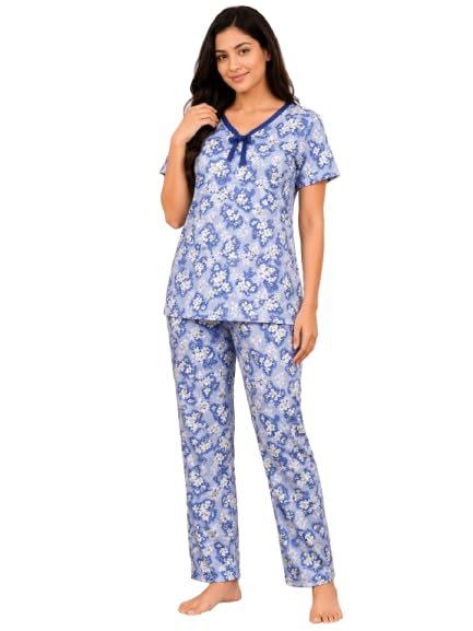 Women's Pink Floral Print Nightsuit Set with V-Neck Top-image-28