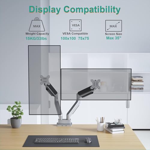 Image of Jin Office Heavy Duty Dual Monitor Stand with Gas Spring Height Adjustment for 13-35 inch Monitors | 2 Monitors Desk Mount | Adjustable Double Monitor Arm| 15 KG Weight Capacity per Arm| 1 Year Warranty