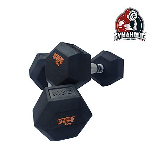 Image of Gymaholic Dumbbell, Hexa Rubber Dumbbell with Metal Handles, Single & Pair, Dumbbells in Weights 10 KG Pair