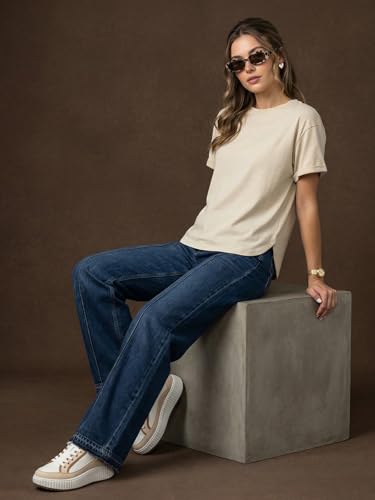 Image of JUNEBERRY Pure 100% Cotton Oversized Loose Fit Drop Shoulder Round Neck Boyfriend Fit Solid Half Sleeves T-Shirt for Women & Girls (Sizes: S to 2XL)