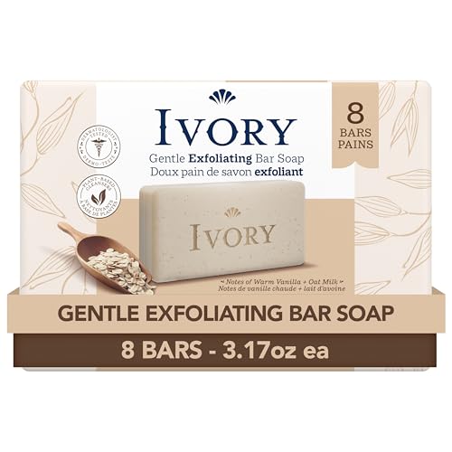 Ivory Exfoliating Bath Bar Soap, Designed for Whole Family with Plant-Based Cleansers, Made Without Heavy Perfumes, Parabens or Phthalates, Warm Vanilla + Oat Milk Scent, 3.17 oz (8 Count)