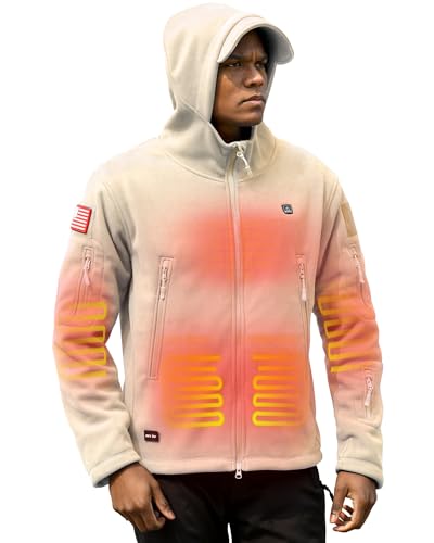 DEWBU Heated Jacket Polar Fleece with 12V Battery Pack Soft Fleece Electric Heating Hoodie for Men Almond 2XL