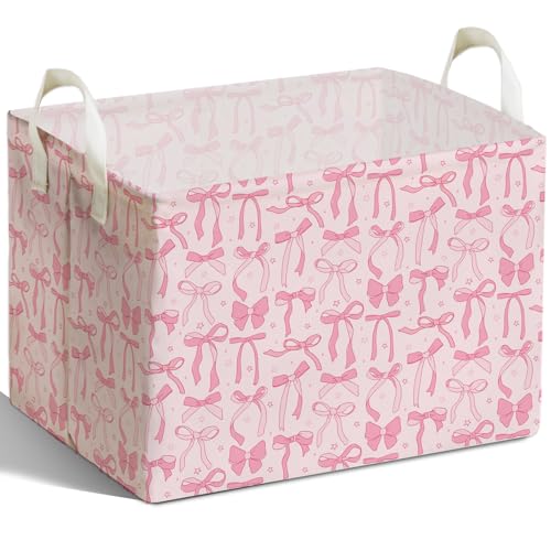 Image of Pink Bow Foldable Storage Bins, Waterproof Toy and Clothes Organizer for Nursery Room, Pink Cute Decorative Fabric Basket for Girls Bedroom, Foldable Gift Box for Game Room, Bow Party Decor