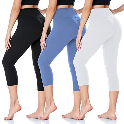 ACTINPUT Capri Leggings Damen 3/4 High Waist Schwarz Leggings Elastische Blickdicht Yogahose Sporthose Laufhose Sommer Große Größen Leggins (L-XL, Schwarz/Lichtblau/Weiß)