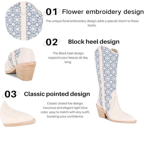 Cowgirl Knee High Boots for Women Block Heel and Pointed Toe Suede and Faux Leather with Flower Embroidery Boots2
