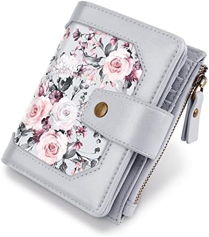 Simikol Wallets for Women RFID Blocking Wallet Small Bifold Leather Pocket Wallet Ladies Mini Purse with ID Window,Grey Flower