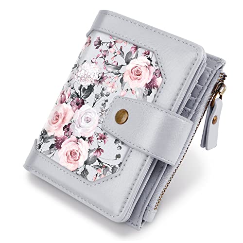 Image of Wallets for Women RFID Blocking Wallet Small Bifold Leather Pocket Wallet Ladies Mini Purse with ID Window,Grey Flower