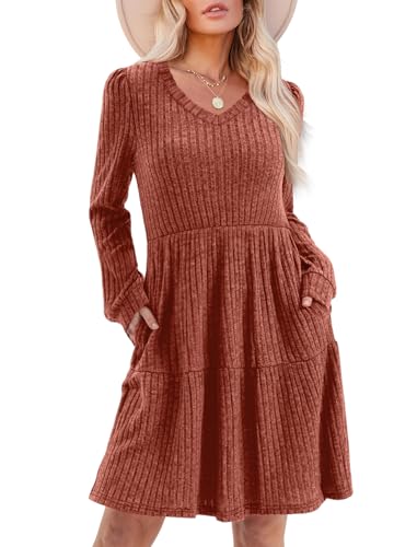 SAMPEEL Long Sleeve Dress for Women V Neck Baby Doll Short Sweater Dresses for Family Photos Caramel S