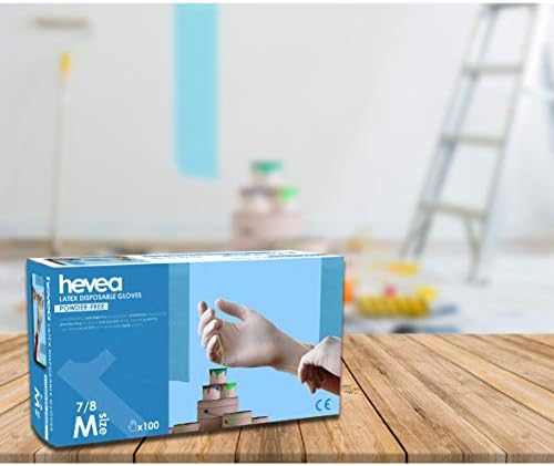 Hevea - Disposable, powder-free latex gloves. Chlorinated inside to minimise allergic reactions. Pack of 5 boxes with 100 gloves each. Size: M (Medium)
