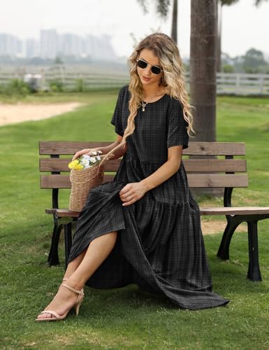 Image of YESNO Women Casual Loose Bohemian Floral Dress with Pockets Short Sleeve Long Maxi Summer Beach Swing Dress EJF