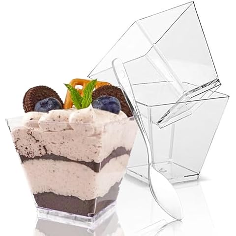 Legredic 50 Pack 3.5 oz Square Dessert Cups with Spoons, Mini Plastic Parfait Appetizer Cups, Clear Reusable Small Shooter Cups, Serving Bowls for Tasting Party Samples Dessert Shot Glasses Cover