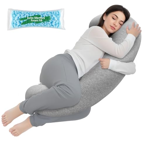 TranquilRelax C Shaped Body Pillow for Side Sleepers Memory Foam Long Pillow for Leg Hip & Back Support Soft Washable Cover Grey-35*10