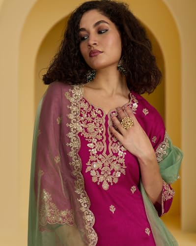 Image of Amazon Brand - Tavasya Women Vichitra Silk Zari Sequence Cording Embroidered Kurta Set | Kurta Set | Ethnic Wear