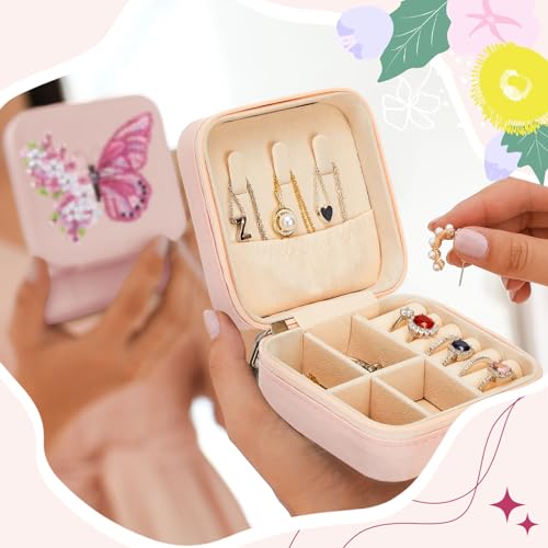 Image of Hinly 2 Pcs Portable Diamond Painting Jewelry Storage Box DIY Diamond Art Accessories PU Leather Jewelry Ring Organizer Case Travel Jewelry Organizer(Butterfly and Flower,Bright Color)