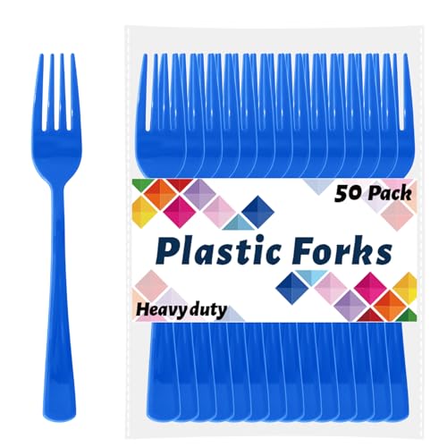 CXPSINC Blue Plastic Forks Disposable 50 Count - 7.28 Inch Heavy Duty Disposable Cutlery Utensils Solid for Party Picnic Catering Daily Use & More (Blue)