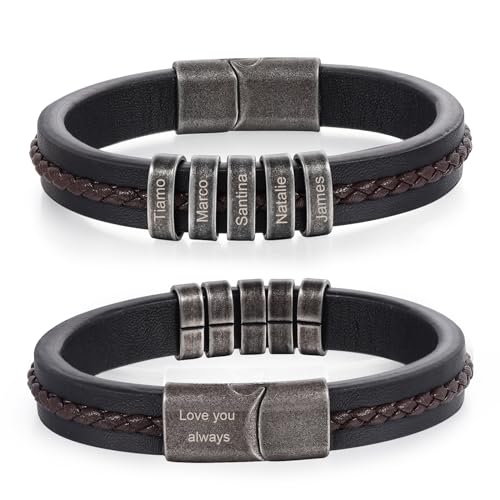 Lam Hub Fong Pulsera Hombre Personalizada con 1-5 Nombres Grabado Cuentas Cuero Pulsera para Amigo Familia Padre Hijo Regalo para Aniversario Día de San Valentín Día del padre (5 nombres)