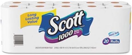Scott 20032 1000 Bathroom Tissue, 1-Ply, White, 1000 Sheet/Roll, 20/Pack