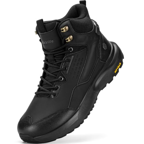 Image of FitVille Men's Wide Fit Hiking Boots, Mid Ankle Outdoor Trekking Boot, Lightweight Comfortable Non-Slip Shoes, Jet Black, 11 UK X-Wide