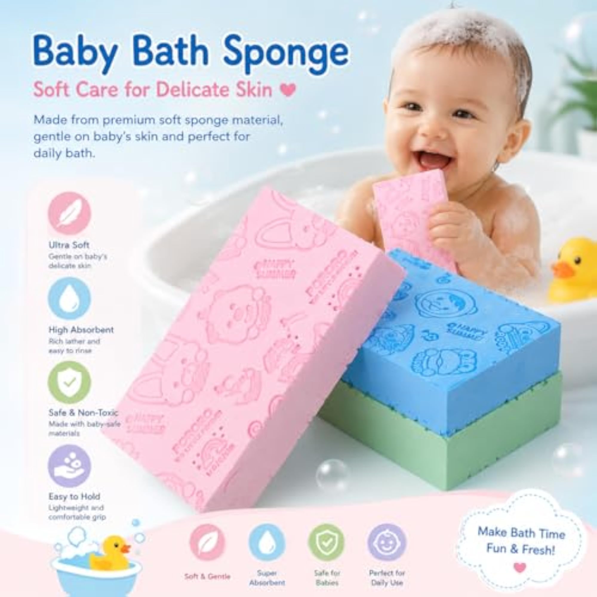 2 Pack Baby Bath Sponge for Kids, Ultra Soft Exfoliating