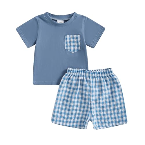 Geagodelia Toddler Baby Boy Spring Summer Outfits Short Sleeve Contrast Color T-Shirt Sweatshirt Top with Elastic Waist Checkered Shorts Sets 2Pcs Clothes for Little Boys (Ocean Blue, 2-3 Years)