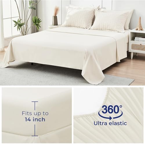 Image of HYMOKEGE Ivory Oversized Queen Comforter Set Seersucker 7 Pieces, All Season Luxury Bed in a Bag for Bedroom, Bedding Set with Comforter, Sheets, Pillowcases & Shams