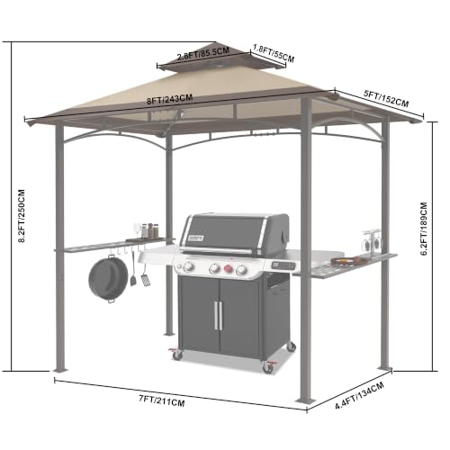 Image of MASTERCANOPY 8 x 5 Grill Gazebo Outdoor BBQ Gazebo Canopy with 2 LED Lights (Brown Stitching Khaki)