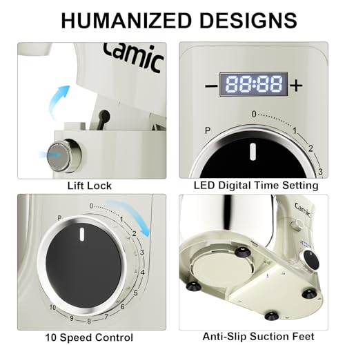 Image of Camic Stand Mixer, 4.2QT+5.3QT Two bowls Electric Food Mixer, 10 Speeds with Digital setting 3-IN-1 Kitchen Mixer for Baking Cakes Cookie Bread Salad with Egg Whisk,Dough Hook,Flat Beater (White)