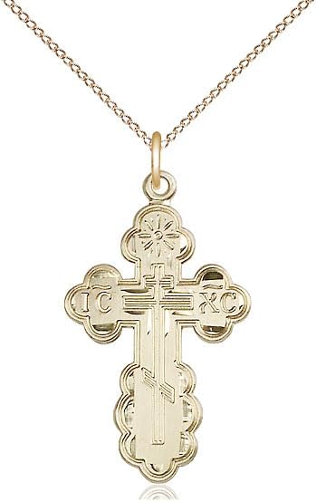 14kt Gold Filled St Olga Cross Pendant on a 18 inch Gold Filled Light Curb Chain.