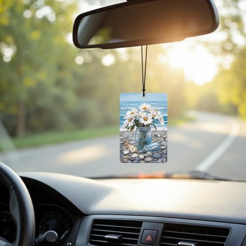 Image of Blue Beach Daisy Floral Chair Pelican Car Air Freshener 4 Pcs, Beachy Coastal Ocean Seaside Hanging Air Freshener for Cars Closet Drawer Books, Girly Car Accessories Mirror Decor for Women