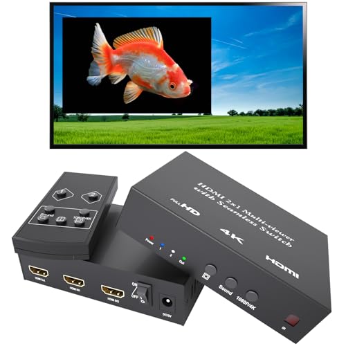 KAGO 4K HDMI Multi-Viewer 2x1 with PIP Mode Seamless HDMI Switcher 2 Input 1 Output with Remote Support Side-by-Side & Picture-in-Picture 4K@30Hz 1080P for PS5/4 PC Security Camera & Monitor
