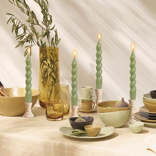 Image of DRIPLESS Unscented Twisted Taper Candles Handmade Candlestick Grass Green Spiral Taper Candles 7.5 Inch Decorative Candle Smokeless for Party Gifts 2 PCS