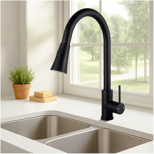 ACA International WELS Kitchen Mixer Tap 2-Mode Spray Pull Out Spout Kitchen Laundry Sink Bar Faucet Tap Basin Mixer Brass Faucet Kitchen Tap(Matt Black)