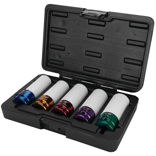 Image of Performance Tool W32902 5pc 1 /5-Inch Drive Metric& SAE Impact Socket Tool Set, 17, 19, 21mm & 13 /16-Inch, 7 /8-Inch, Non-Marring Protective Wheel Lug Nut Impact Socket Set