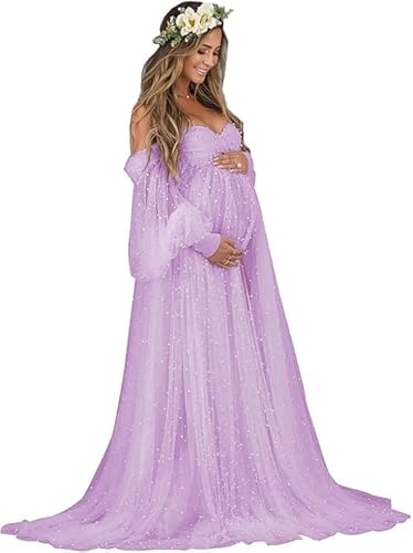 Tianzhihe Pearl Maternity Dress for Photoshoot Puffy Tulle Robe Bridal