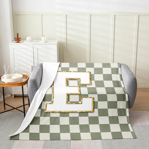 Image of Erosebridal Sage Green Checkered Fuzzy Plush Throw Plaid Initial E Fleece Blanket Personalized Monogram Flannel Blanket for Kids Boys Girls,Fashion Grids Gingham Decor for Bed Couch Baby 30 inchx40 inch