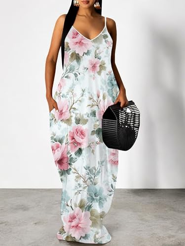 Image of Women Spaghetti Strap Maxi Dress with Pockets | Soft fabric relaxed fit sleeveless v neck with pockets for party and daily wear