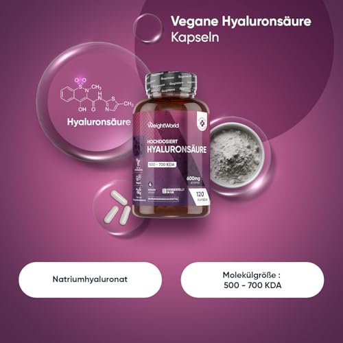Hyaluron Kapseln - 600mg pro Kapsel - 120 vegane Hyaluronic Acid Capsules - 4 Monate Vorrat - Molekülgröße (500-700 KDA) - Hyaluronsäure Kapseln - Frei von Magnesiumstearat - WeightWorld