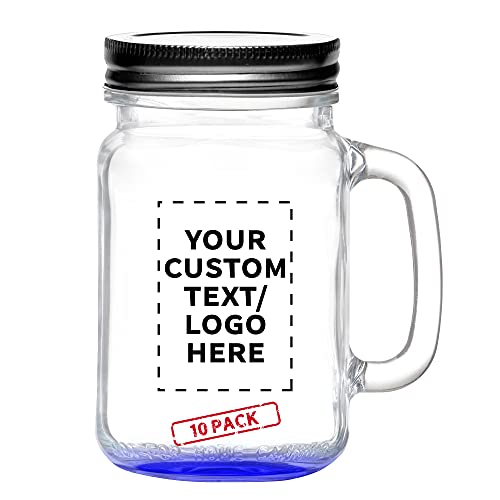 10 Libbey Handle Mason Jars with Lids Set, 16 oz. - Personalized Text, Logo - Traditional style, Drinking, Glassware - Blue