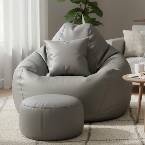 Image of KAM'S LIEU 6XL Luxury Faux Leather Bean Bag with Footrest & Cushion | Pre-Filled High-Density Polystyrene Beans | Premium Leatherette |Teardrop Handle Design | 6 Months Warranty Color- Grey