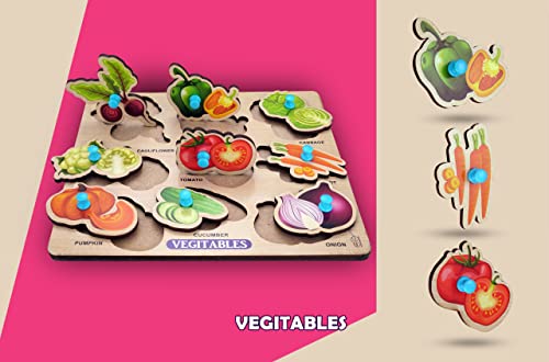 Image of Vegetable Wooden Puzzle - Montessori Educational Wooden Jigsaw Board for Toddlers & Kids Ages 2-5 - Early Learning Vegetable Recognition & Fine Motor Skills Toy