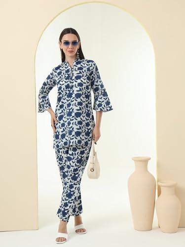 Image of Tissu Women's Plus Size Pure Cotton Grey Floral Tunic with Palazzo Co-ords
